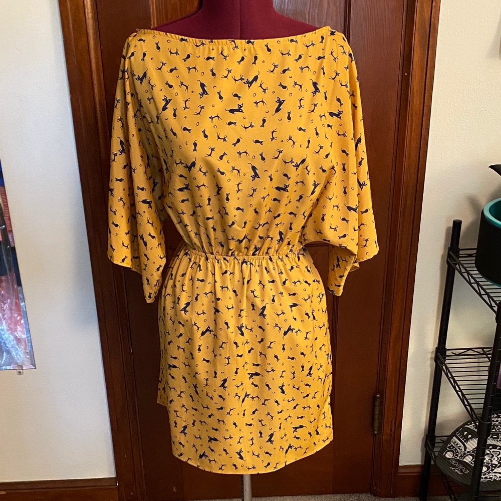 Rachel Kate Boatneck Mustard Yellow tunic Dress with Navy Blue Cat pattern